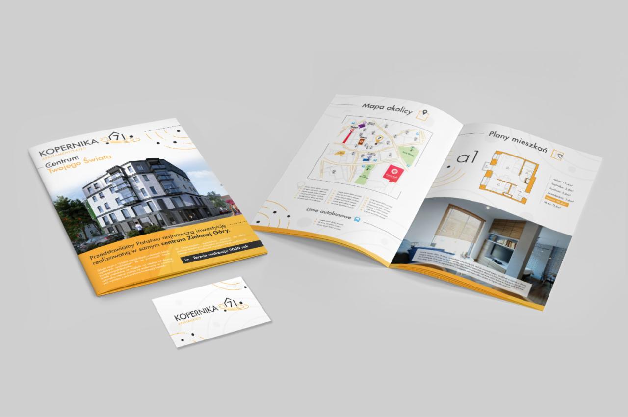 Broszura reklamowa apartamentów Kopernika z wizualizacją budynku, mapą okolicy, planami mieszkań i wizytówka na szarym tle.