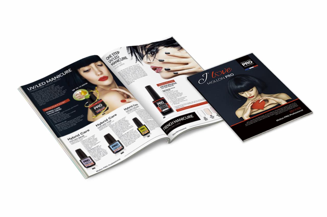 Rozkładówka katalogu z produktami do manicure hybrydowego marki Mollon PRO, obok leży oddzielna broszura reklamowa z wizerunkiem modelki z sercem w dłoniach.