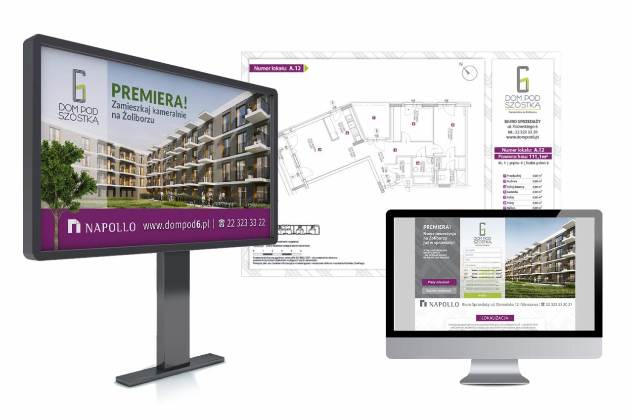 Wizualizacja kampanii reklamowej nowej inwestycji deweloperskiej 'Dom pod Szóstką' na Żoliborzu, prezentowana na billboardzie, planie mieszkania i stronie internetowej na monitorze.