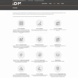 Strona internetowa firmy budowlanej prezentująca ofertę usług, z ikonami i krótkimi opisami kategorii takich jak kostka brukowa, roboty ziemne, wynajem sprzętu, nadzór budowlany, podwykonawstwo...