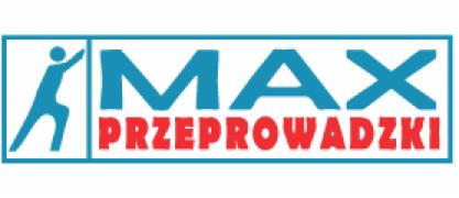 Logo firmy MAX z sylwetką osoby pchającej obiekt, napis PRZEPROWADZKI w kolorze czerwonym i niebieska ramka.