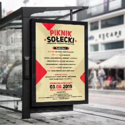 Plakat informujący o Pikniku Sołeckim 03.08.2019 na przystanku autobusowym, zawierający plan imprezy i dodatkowe atrakcje.
