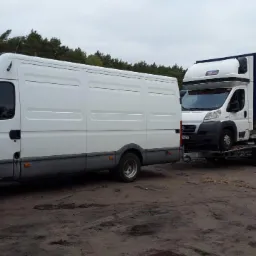 Biały bus holuje na lawecie inny biały samoch&oacute;d dostawczy z niebieską plandeką na tle drzew.