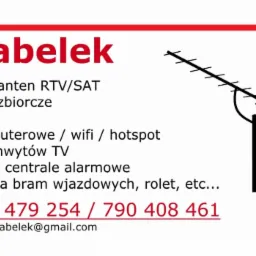 Wizytówka firmy z logo i ofertą: instalacje anten RTV/SAT, instalacje zbiorcze, monitoring, sieci komputerowe, montaż uchwytów TV, domofony, centrale alarmowe, automatyka bram wjazdowych oraz dane...
