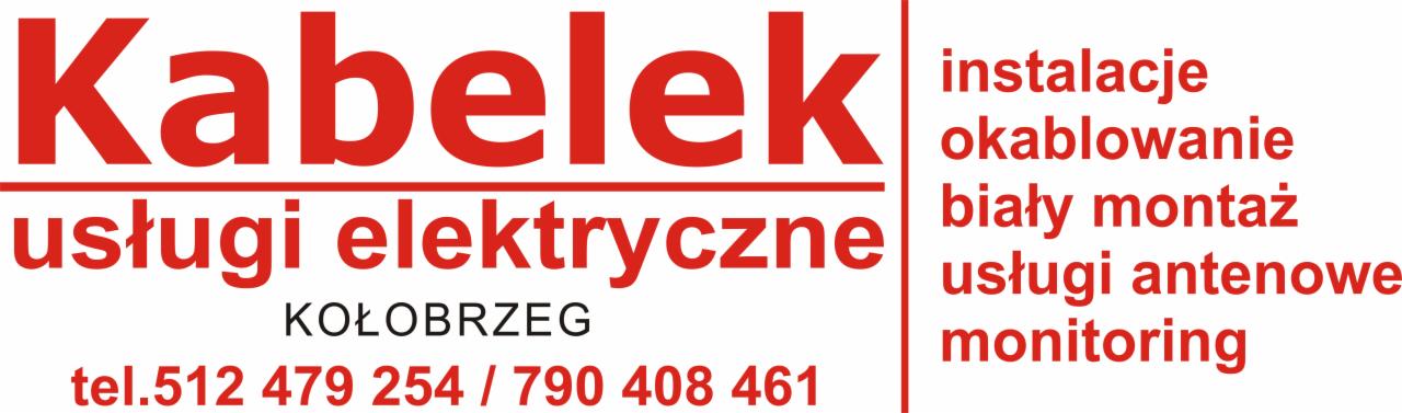 Logo firmy 'Kabelek' z Kołobrzegu, oferującej instalacje, okablowanie, biały montaż, usługi antenowe i monitoring, z podanym numerem telefonu.