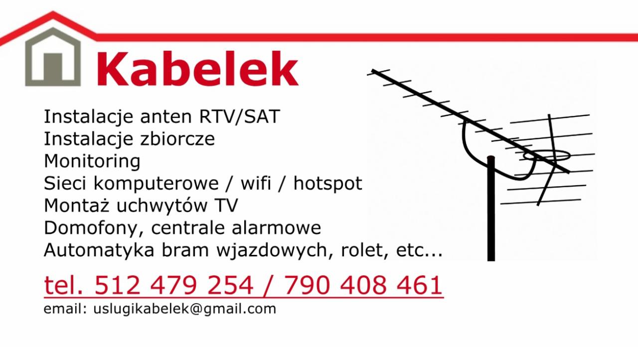 Wizytówka firmy z logo i ofertą: instalacje anten RTV/SAT, instalacje zbiorcze, monitoring, sieci komputerowe, montaż uchwytów TV, domofony, centrale alarmowe, automatyka bram wjazdowych oraz dane...