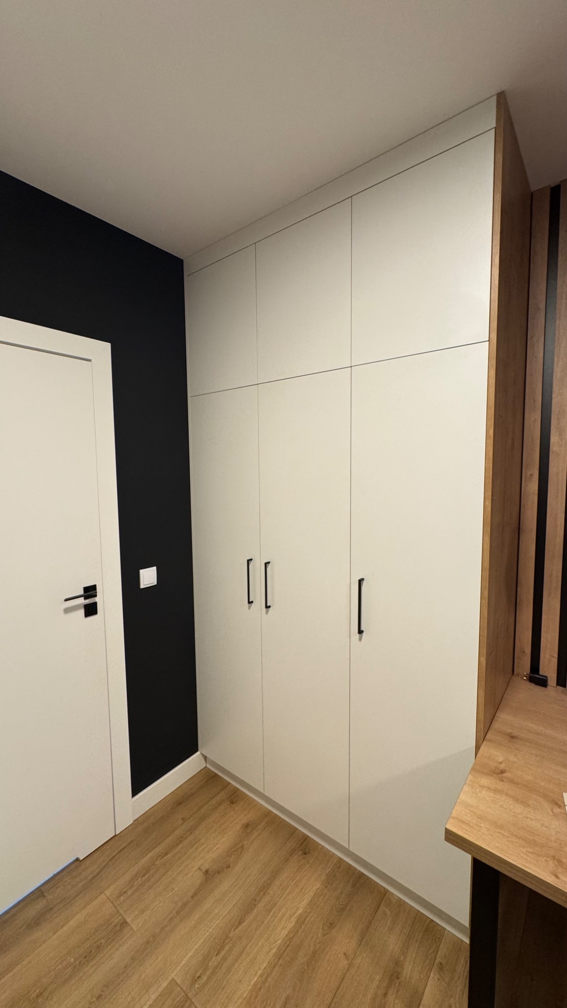 Nowoczesna szafa wnękowa z białymi frontami i czarnymi uchwytami, dopasowana do ciemnej ściany i drewnianej podłogi. Minimalistyczny design z elementami dekoracyjnymi.