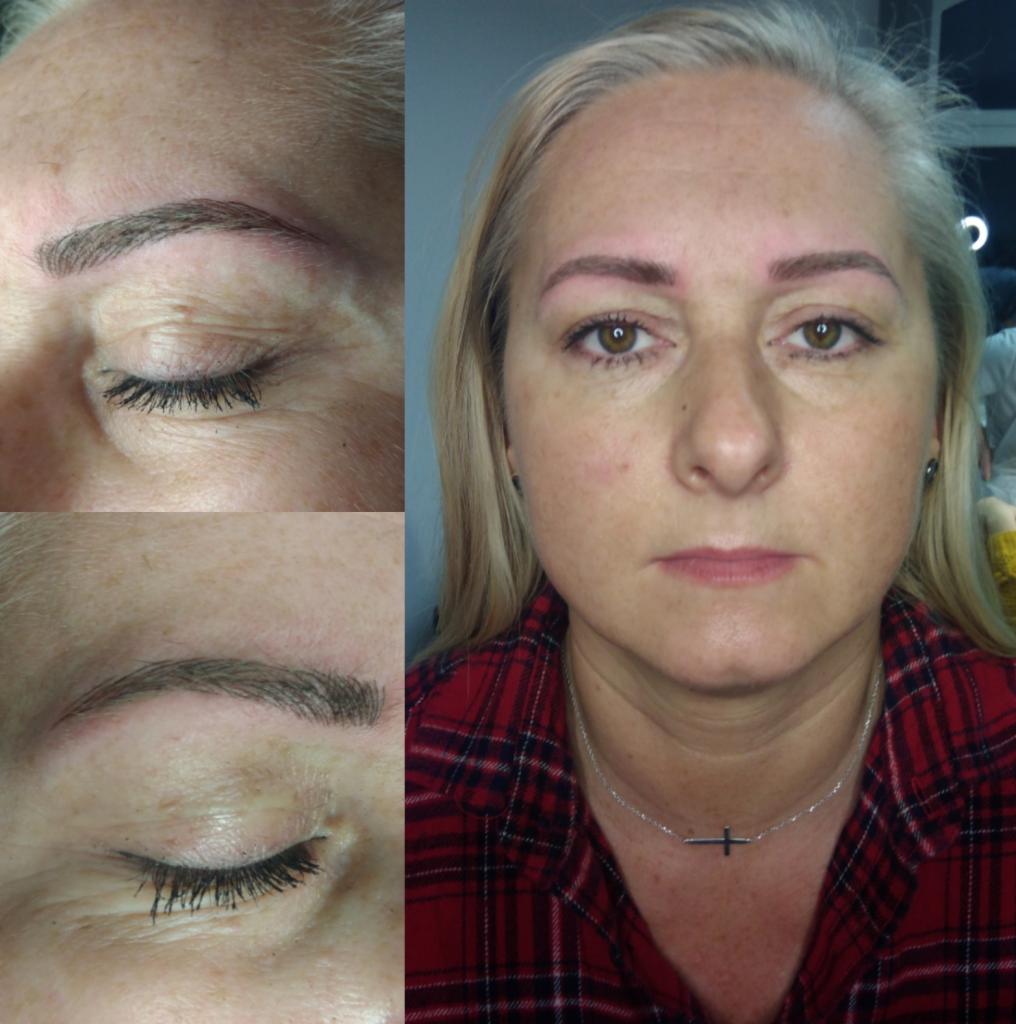 Kobieta po zabiegu pigmentacji brwi; widoczne zbliżenia na brwi przed i po zabiegu, ukazujące subtelny efekt zagęszczenia i podkreślenia łuku brwiowego.