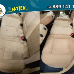 Beżowa tapicerka samochodowa: po lewej stronie widoczne silne zabrudzenia, po prawej efekt czyszczenia, z logo firmy Myjek.pl w rogu.