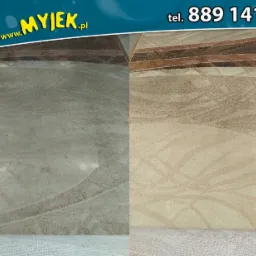 Porównanie stanu dywanu przed i po czyszczeniu, widoczne różnice w kolorze i usuniętych zabrudzeniach, w tle logo firmy z kangurem i numer telefonu.