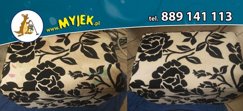 Poduszka dekoracyjna w kwiaty przed i po czyszczeniu, widoczne różnice w kolorze i usunięte plamy, obok logo firmy Myjek.pl i numer telefonu.