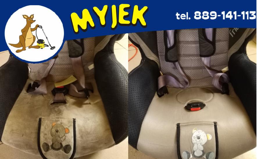 Porównanie fotelika dziecięcego przed i po czyszczeniu, widoczne różnice w zabrudzeniach na materiale. W tle logo firmy z kangurem i numer telefonu.