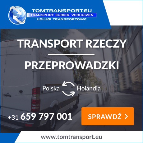Grafika reklamowa firmy transportowej z busem w tle, oferującej usługi transportu rzeczy i przeprowadzek między Polską a Holandią, z widocznym numerem telefonu i adresem strony internetowej.