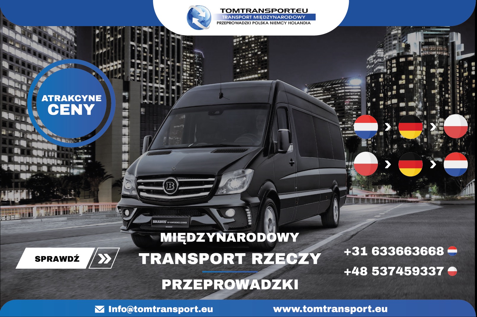 Czarny bus marki Mercedes-Benz Brabus z logo firmy TomTransport.eu na tle nocnego krajobrazu miejskiego, z informacjami o transporcie międzynarodowym i numerami kontaktowymi.