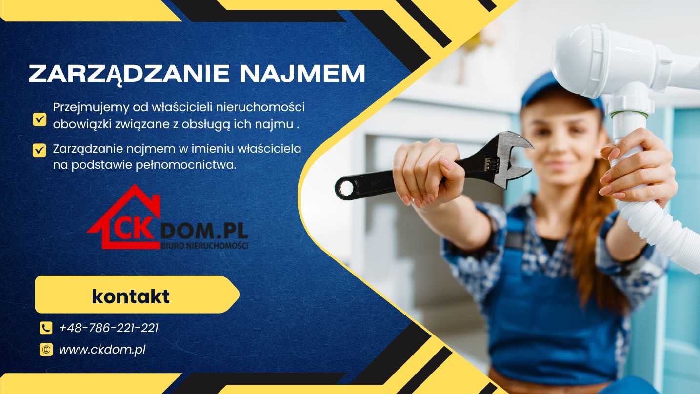 Grafika reklamowa: Zarządzanie najmem nieruchomości, kobieta hydraulik z kluczem nastawnym i rurą w dłoniach, logo CK DOM.PL z kontaktem.