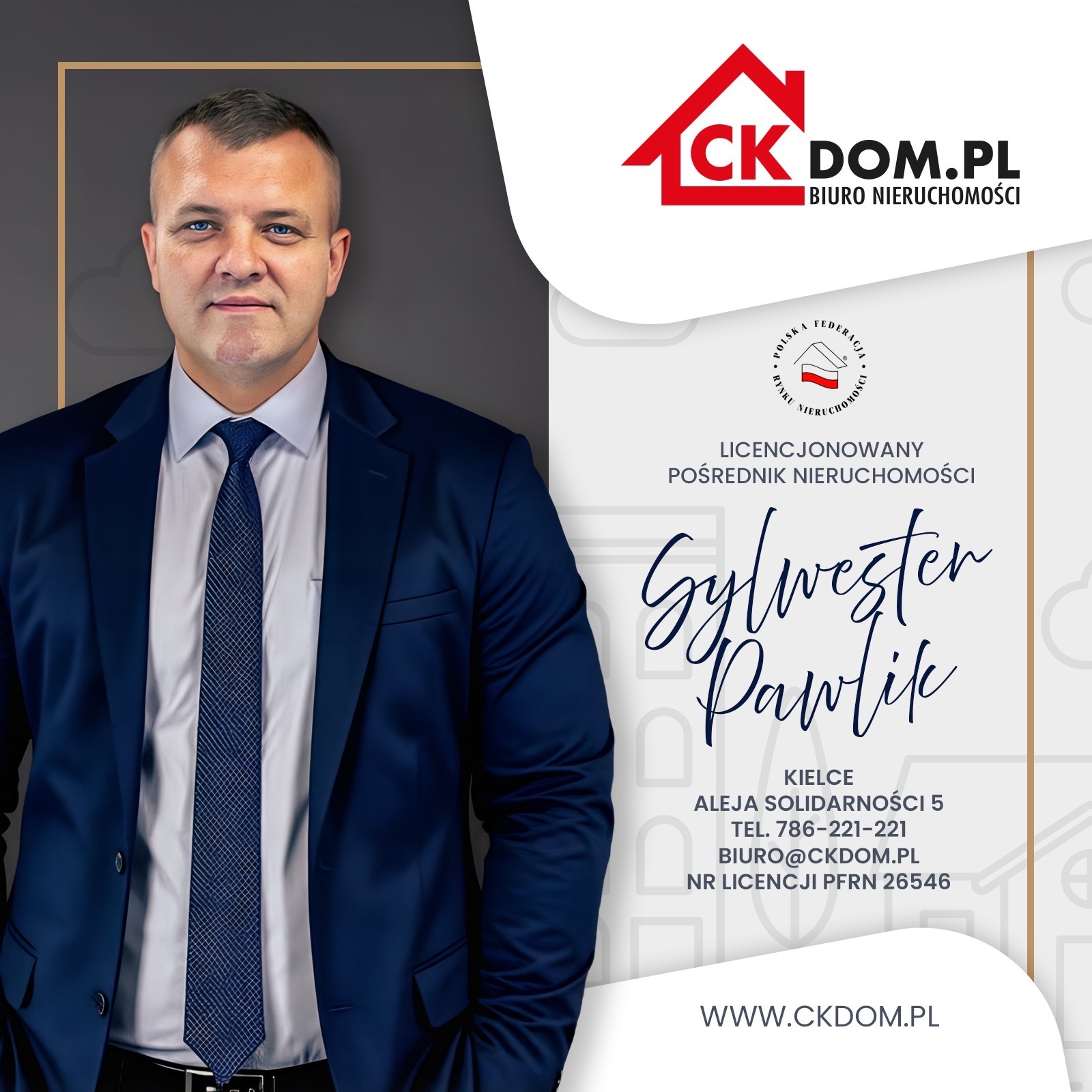 Licencjonowany pośrednik nieruchomości Sylwester Pawlik z CK DOM.PL, w eleganckim garniturze, na tle biura nieruchomości w Kielcach. Profesjonalizm i doświadczenie.