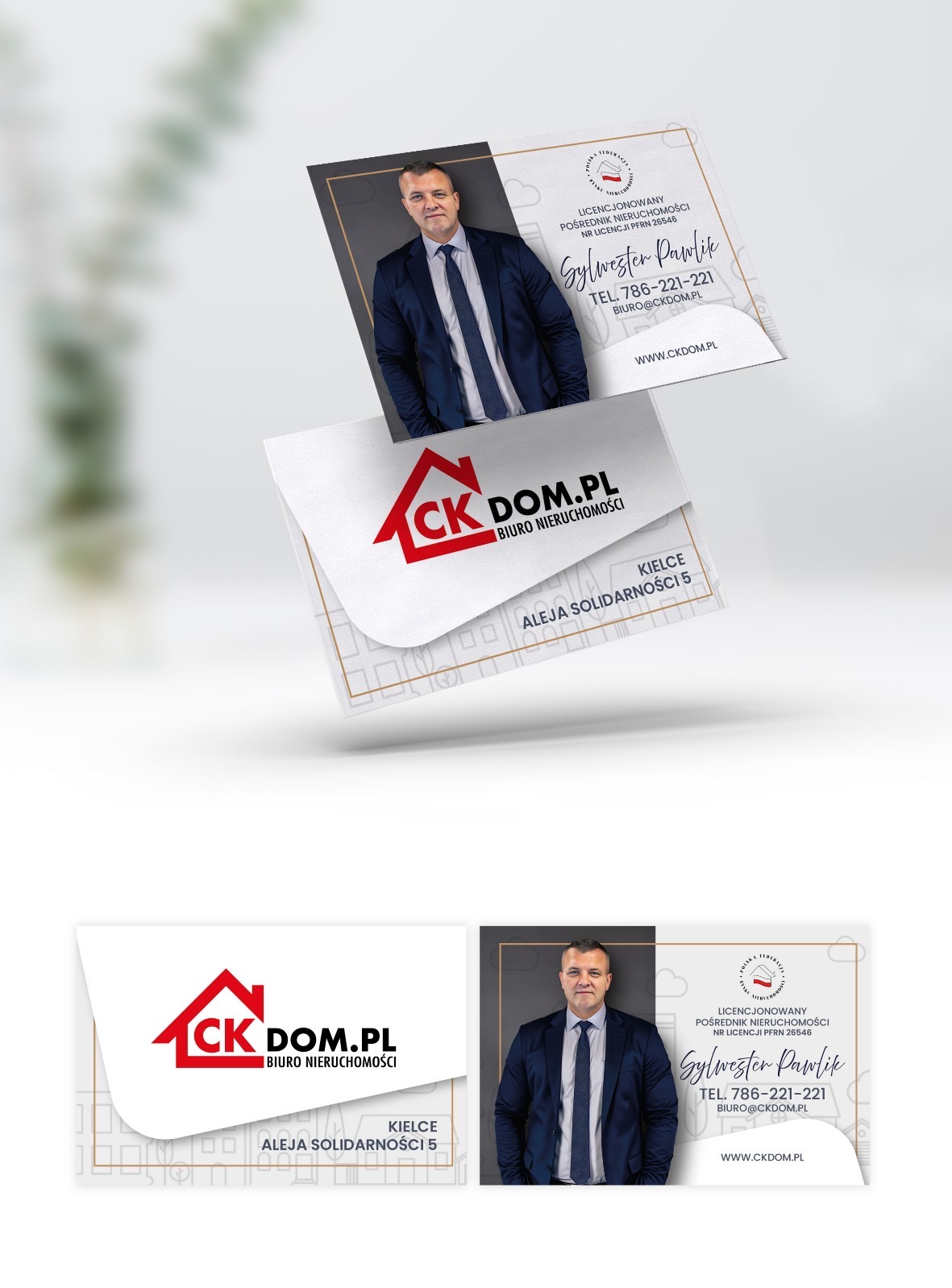 Wizytówki biura nieruchomości CK Dom.pl z Kielc. Na wizytówkach logo firmy, dane kontaktowe i zdjęcie licencjonowanego pośrednika Sylwestra Pawlika.