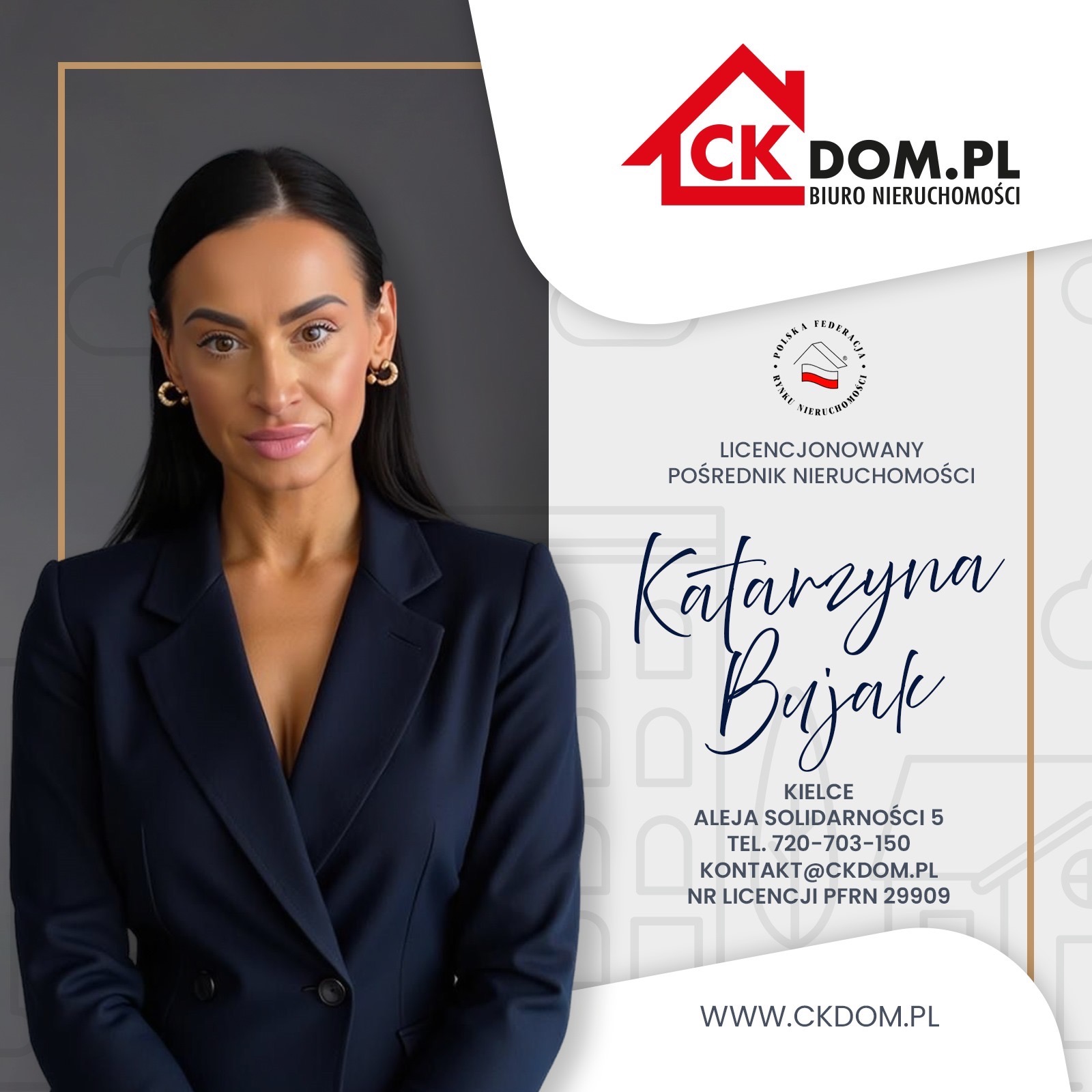 Profesjonalny portret pośredniczki nieruchomości Katarzyny Bujak z CK DOM.PL, Kielce. Zdjęcie wizerunkowe z danymi kontaktowymi.