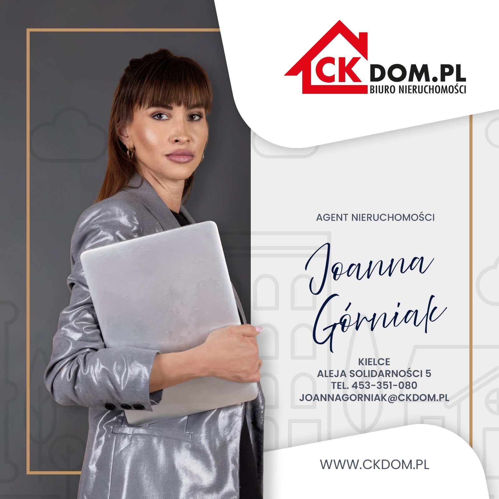 Agentka nieruchomości Joanna Górniak z laptopem prezentuje ofertę CK DOM.PL. Elegancki strój, profesjonalny wizerunek, Kielce, Aleja Solidarności 5.