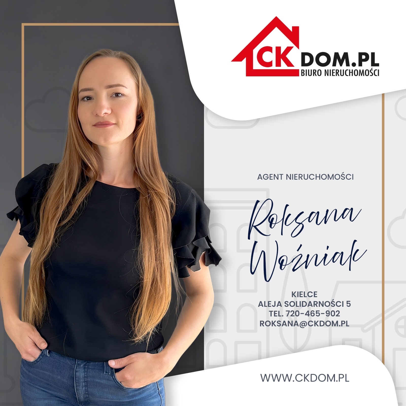Portret agentki nieruchomości Roksany Woźniak z CK DOM.PL na tle grafiki z danymi kontaktowymi biura w Kielcach. Profesjonalny wizerunek.
