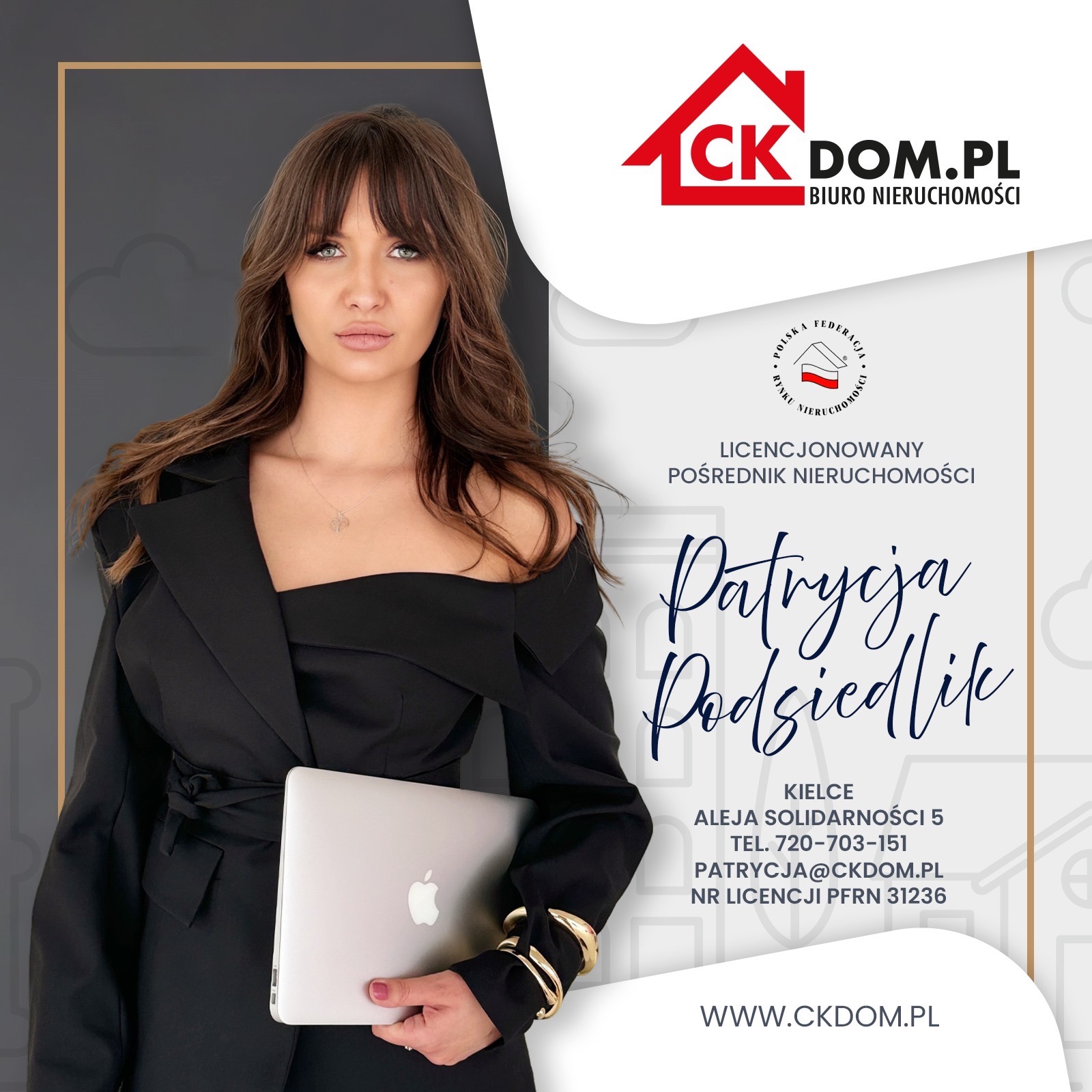 Profesjonalna agentka nieruchomości z Kielc, Patrycja Podsiedlik, prezentuje się z laptopem na tle logo firmy CK Dom.pl i danych kontaktowych.