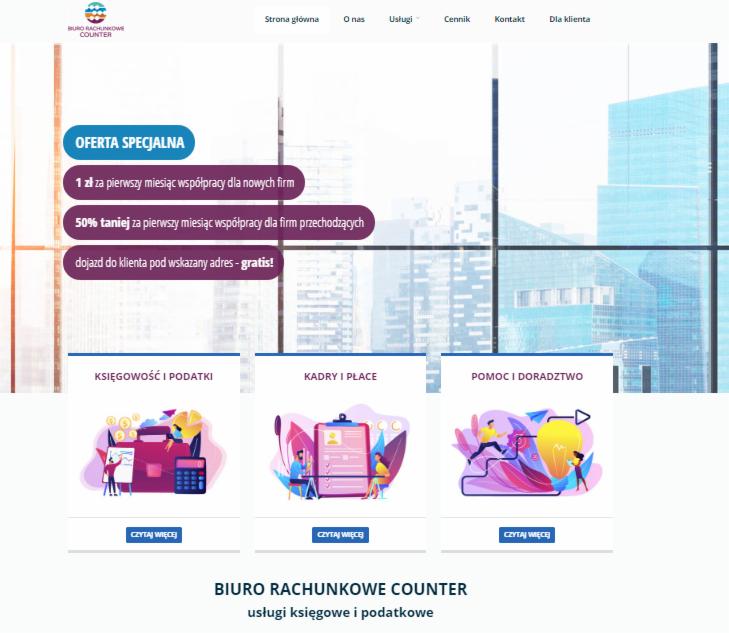 Strona internetowa biura rachunkowego z ofertą specjalną: 1 zł za pierwszy miesiąc współpracy dla nowych firm oraz 50% zniżki dla firm przechodzących. Grafiki ilustrujące księgowość i podatki...