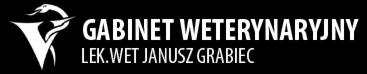 Logo gabinetu z symbolem węża owiniętego wokół litery V, napisem GABINET WETERYNARYJNY oraz imieniem i nazwiskiem lekarza weterynarii - Lek. Wet. Janusz Grabiec, wszystko w białym kolorze...