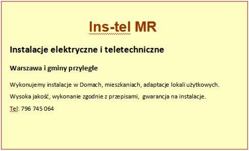 Grafika reklamowa firmy Ins-tel MR oferującej instalacje elektryczne i teletechniczne w Warszawie i okolicach, z zapewnieniem wysokiej jakości, zgodności z przepisami i gwarancją.
