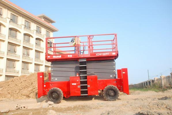 Czerwona platforma podnośnikowa nożycowa marki Minokoll XDW180RT na placu budowy, z budynkiem w tle i pracownikiem w koszu.