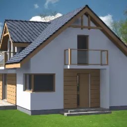 Wizualizacja dwukondygnacyjnego domu jednorodzinnego z dachem dwuspadowym, balkonem z przeszkloną balustradą i elewacją w odcieniach bieli i drewna.