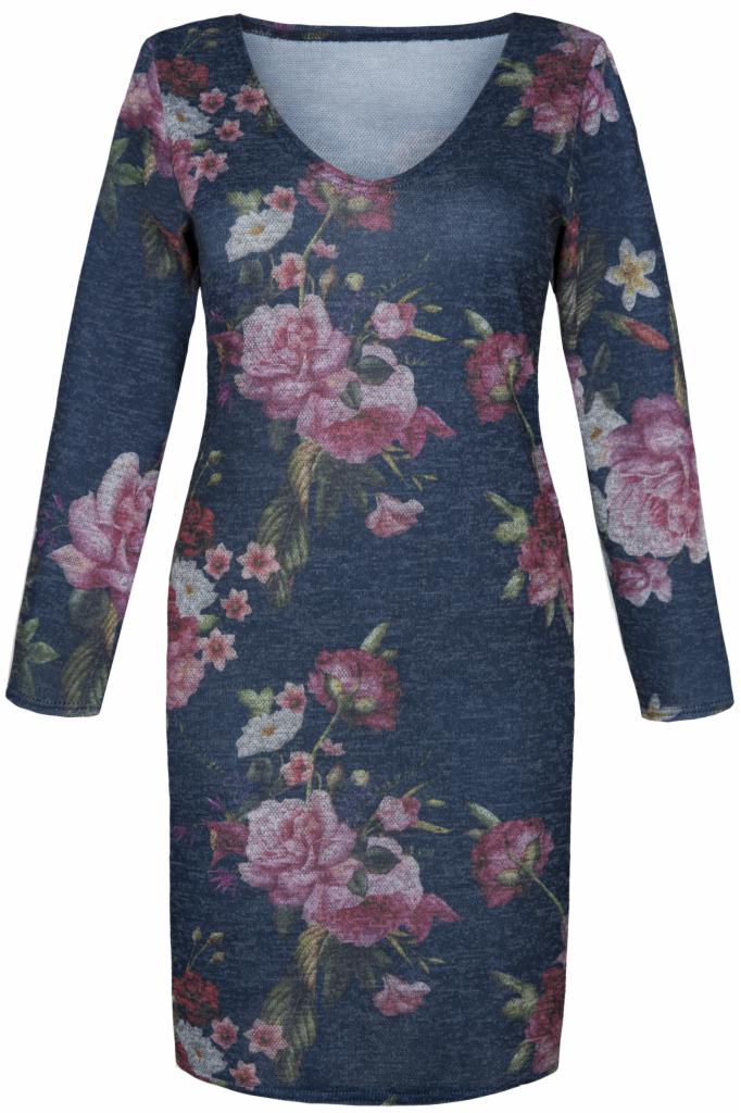 Dzianinowa sukienka damska z długim rękawem w kwiatowy wzór, w odcieniach granatu, różu i bieli.
