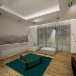 Wizualizacja salonu z białym narożnikiem, turkusowym dywanem, szklanym stolikiem kawowym i podświetlanym sufitem.