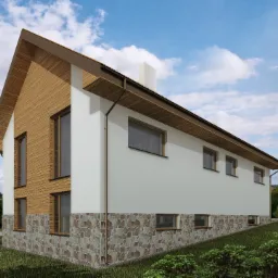 Wizualizacja domu jednorodzinnego z drewnianą elewacją i kamienną podmurówką, widok z boku na tle zieleni i błękitnego nieba z chmurami.