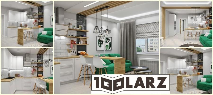 Wizualizacja nowoczesnego mieszkania z aneksem kuchennym, białymi szafkami, drewnianym blatem i zieloną sofą narożną, uzupełniona o czarne detale i wiszące lampy.