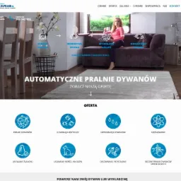 Strona internetowa firmy oferującej automatyczne pranie dywanów, prezentująca ofertę z ikonami usług oraz kobietę siedzącą na kanapie w tle.
