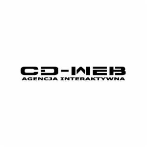 Czarno-białe logo firmy CD-WEB, Agencja Interaktywna, z charakterystyczną typografią i geometrycznym znakiem graficznym wkomponowanym w nazwę.