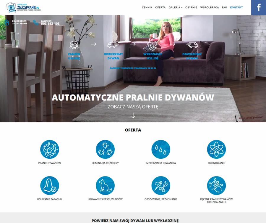 Strona internetowa firmy oferującej automatyczne pranie dywanów, prezentująca ofertę z ikonami usług oraz kobietę siedzącą na kanapie w tle.
