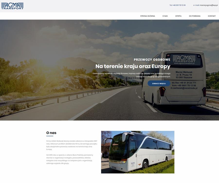 Strona internetowa firmy przewozowej AGMA Transport, prezentująca ofertę przewozów osobowych na terenie kraju i Europy, z widocznym autobusem na drodze w tle.