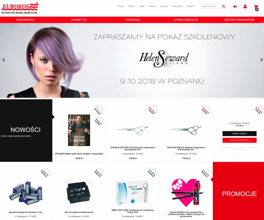 Kobieta z fioletowymi włosami na banerze reklamującym pokaz szkoleniowy Helen Seward Milano, widoczna część strony internetowej sklepu fryzjersko-kosmetycznego Eurokos z ofertą produktów.