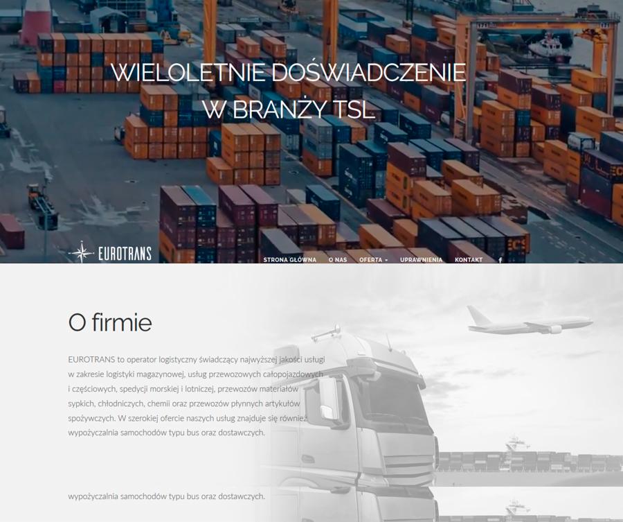 Strona internetowa firmy logistycznej Eurotrans z kontenerami w tle, samolotem i ciężarówką, podkreślająca wieloletnie doświadczenie w branży TSL.