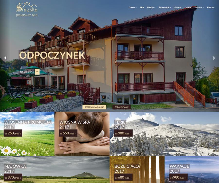 Strona internetowa pensjonatu-SPA z widokiem na budynek, ofertami specjalnymi i menu nawigacyjnym.