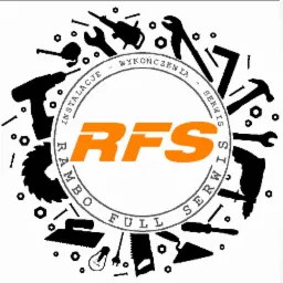 Logo firmy RFS z Niska oferującej instalacje, wykończenia i serwis, otoczone sylwetkami narzędzi takich jak wiertarka, piła, młotek i klucze.