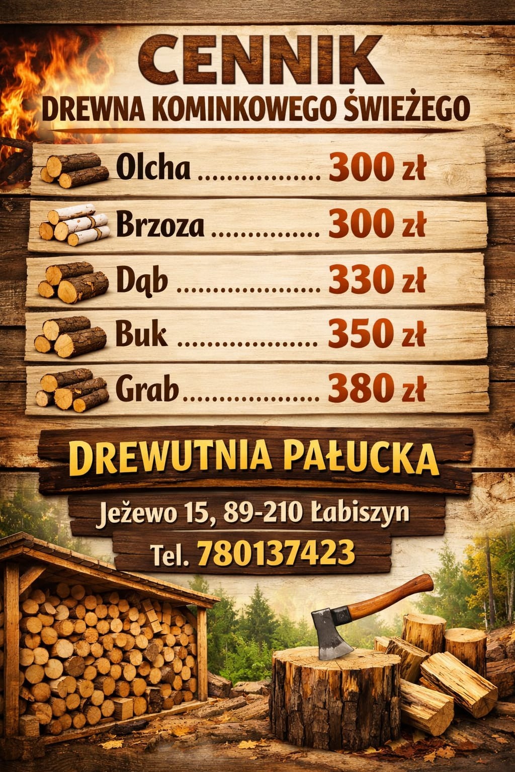 Cennik drewna kominkowego: olcha, brzoza, dąb, buk, grab. Skład drewna z adresem i telefonem. W tle drewutnia pełna drewna i siekiera na pniu.
