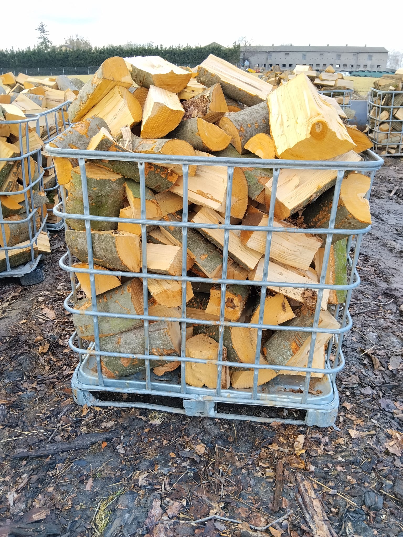Metalowy kosz wypełniony pociętym drewnem kominkowym na zewnątrz, z budynkiem w tle. Widoczne inne kosze z drewnem. Sezon jesienno-zimowy.