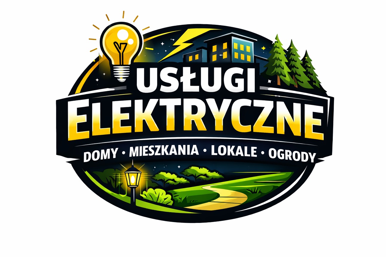 Graficzne logo firmy oferującej usługi elektryczne dla domów, mieszkań, lokali i ogrodów. W tle budynki, drzewa i stylizowana żarówka.
