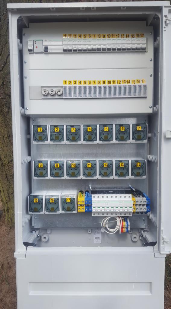 Otwarta, biała skrzynka elektryczna z bezpiecznikami, gniazdami i okablowaniem, ponumerowanymi od 1 do 17, zamontowana na zewnątrz, widoczny fragment pnia drzewa w tle.