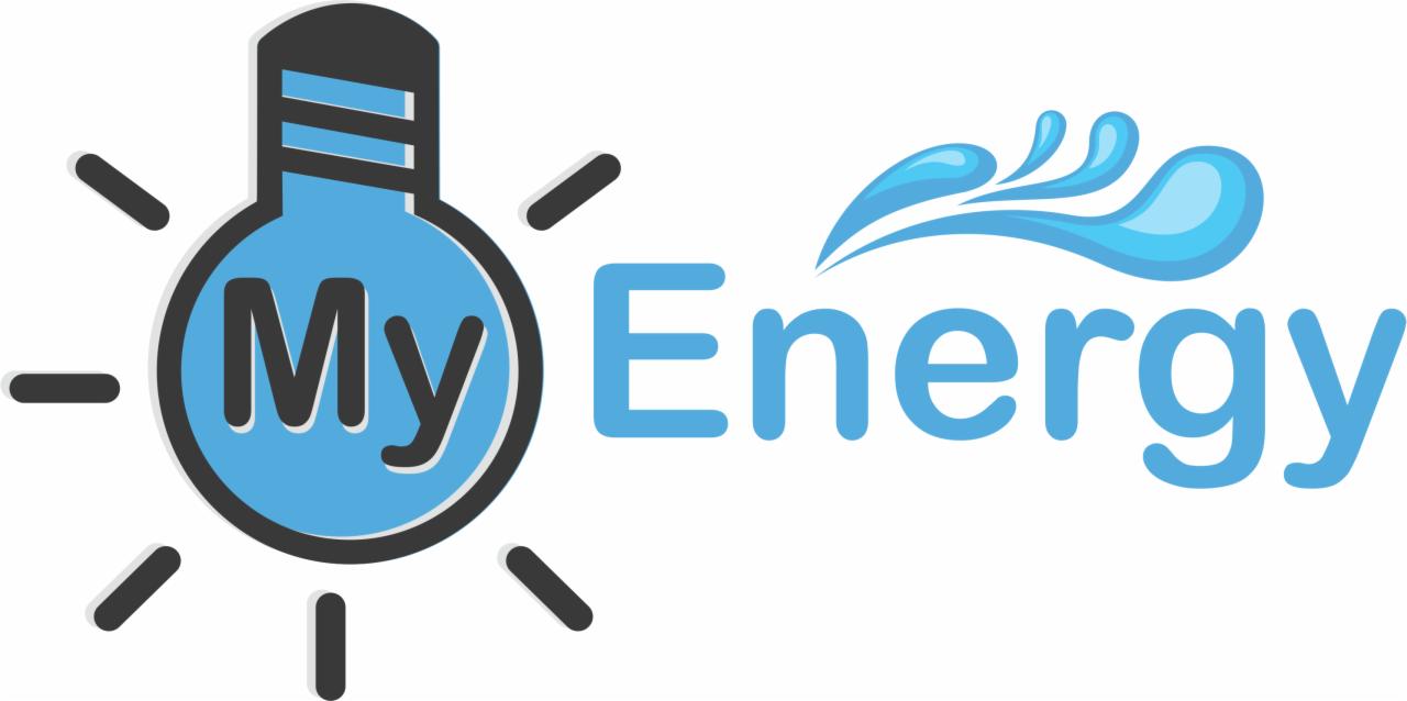 Logo firmy z symbolem żarówki i napisem 'My Energy' w odcieniach błękitu.