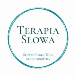 Logo firmy oferującej terapię mowy, w okręgu z turkusowych linii, z tekstem 'TERAPIA SŁOWA' oraz imieniem i nazwiskiem Sylwia Piekło-Wojs i dopiskiem NEUROLOGOPEDA.