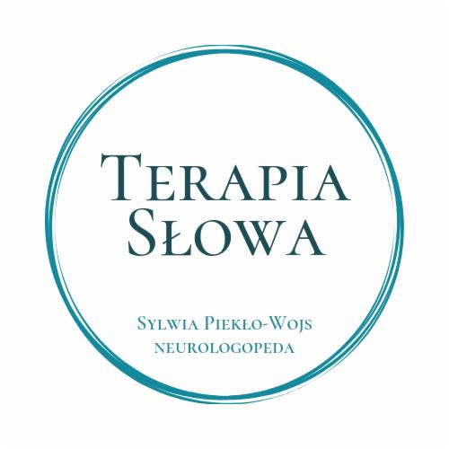 Logo firmy oferującej terapię mowy, w okręgu z turkusowych linii, z tekstem 'TERAPIA SŁOWA' oraz imieniem i nazwiskiem Sylwia Piekło-Wojs i dopiskiem NEUROLOGOPEDA.