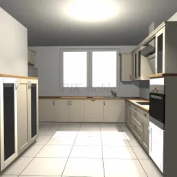 Wizualizacja projektu kuchni z beżowymi szafkami, drewnianymi blatami i dużym oknem, widok z perspektywy szerokokątnej.